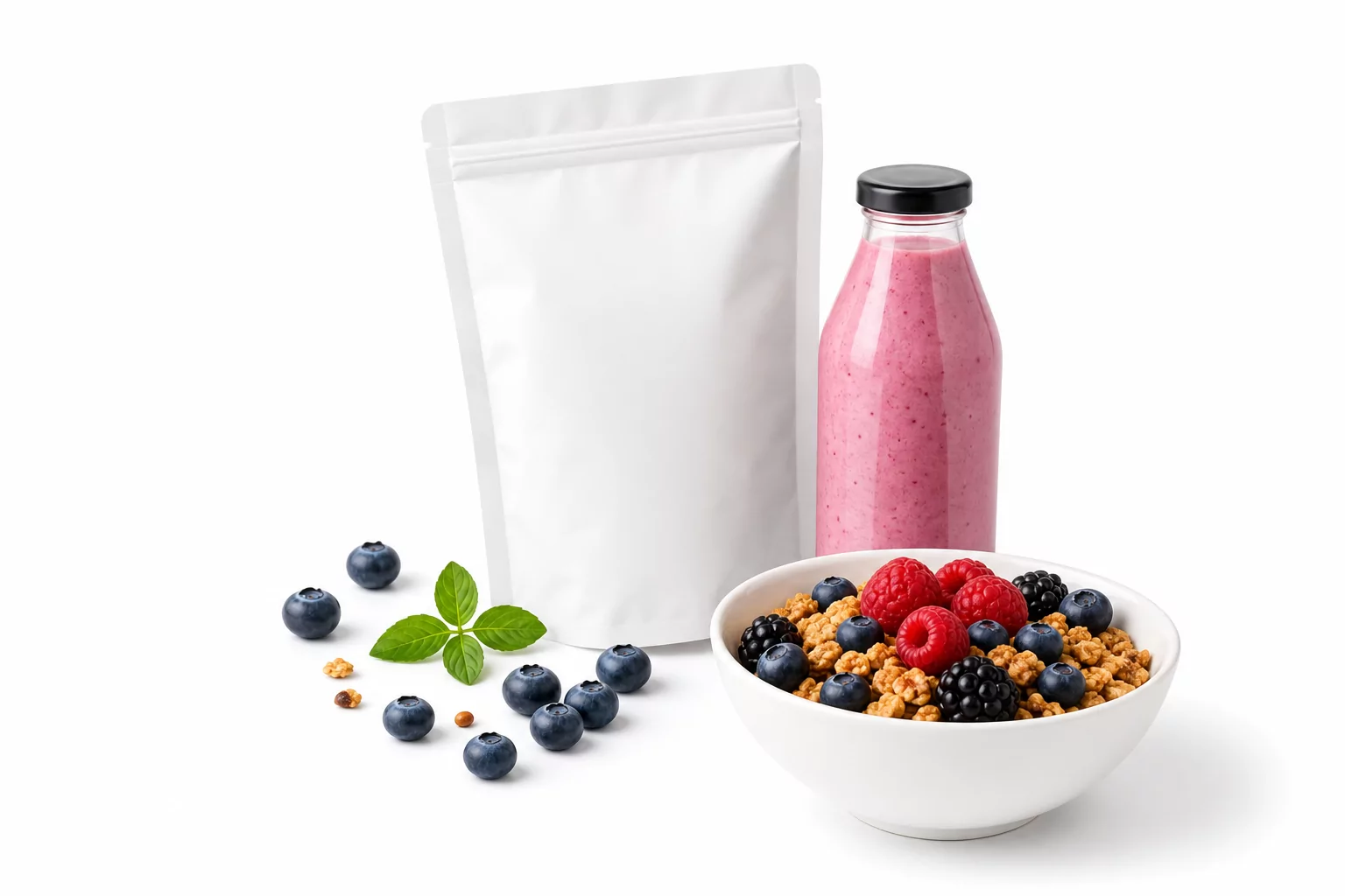 Coffee pouch, berry smoothie, and granola bowl with fresh berries